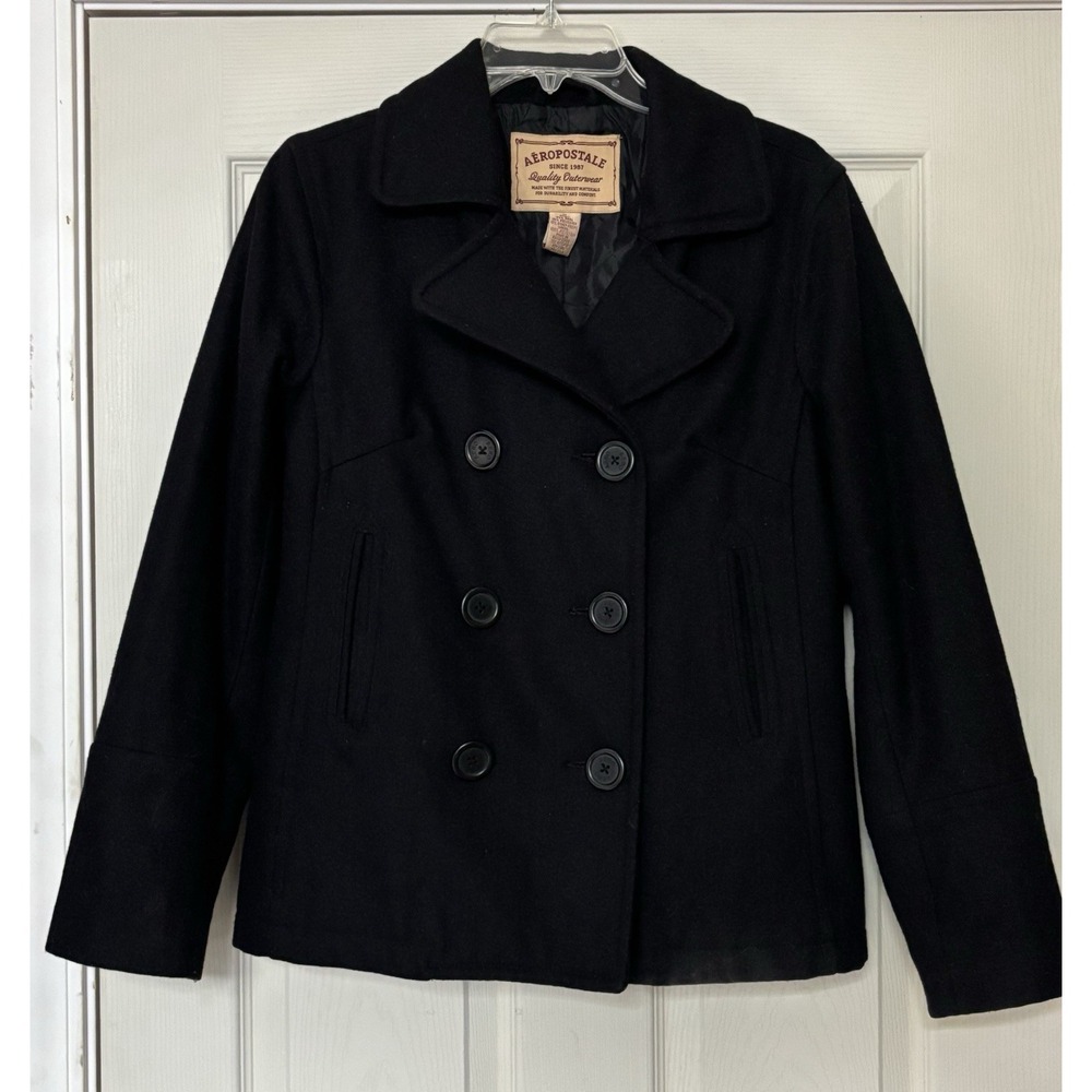Aeropostale Pea Coat Ladies Medium Black Button Wool Blend Outdoors Size M